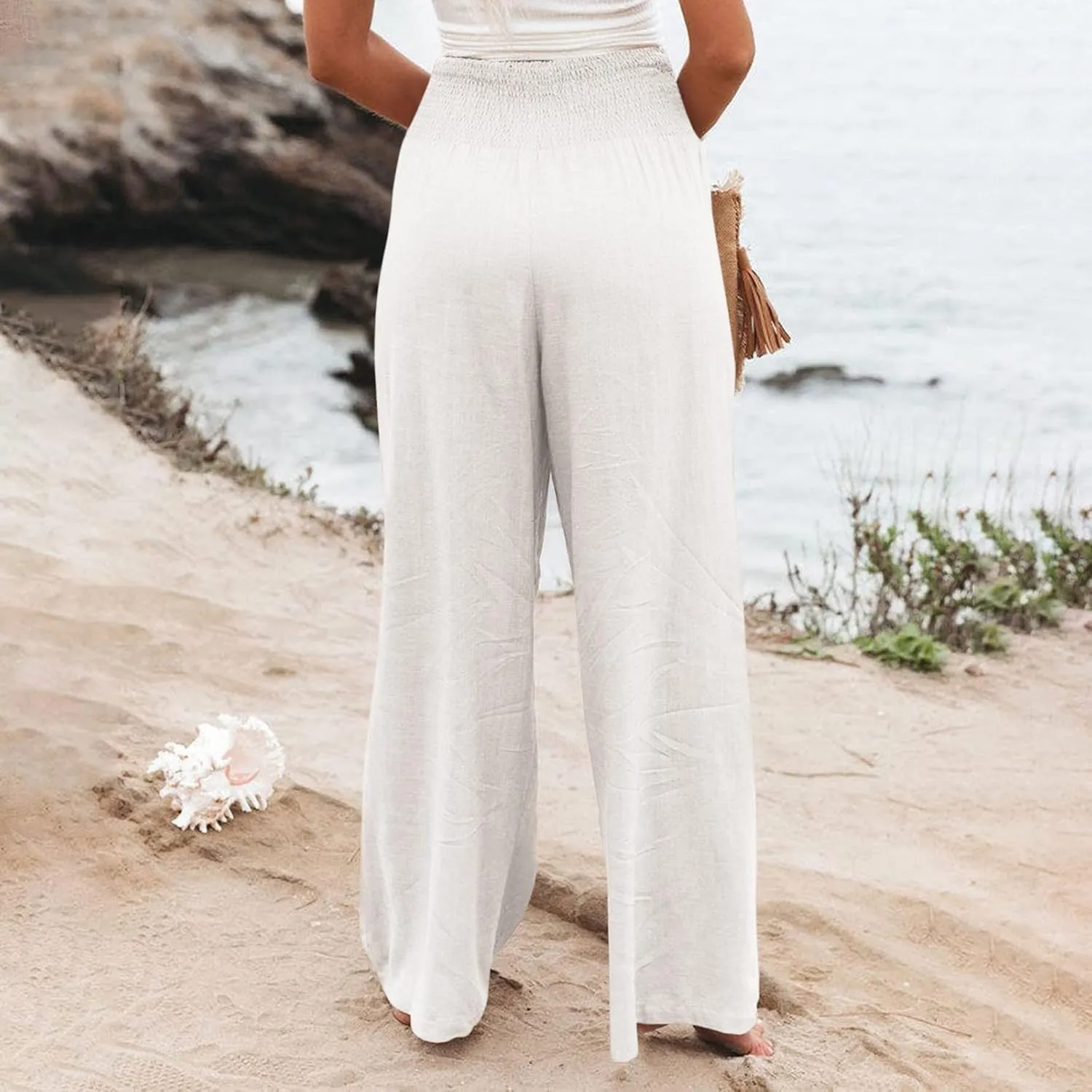 Women's Cotton Linen Wide Leg Pants Summer Smocked High Waisted Palazzo Trousers with Pockets Beach Cover Up