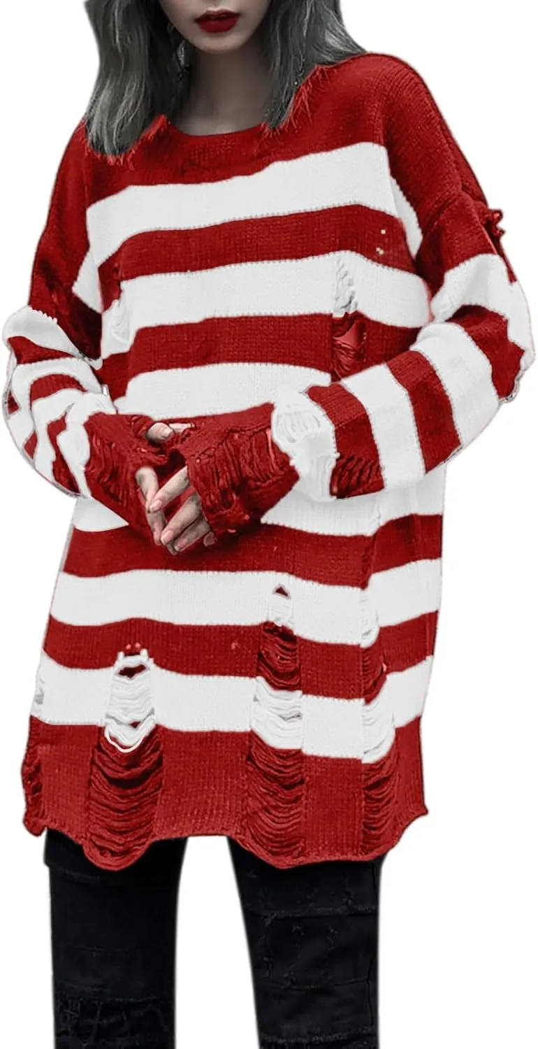 Womens Cozy Knit Jumper Sweater Long Sleeve Crew Neck Color Block Ripped Pullover Sweaters Crop Tops Goth Y2K Sweaters