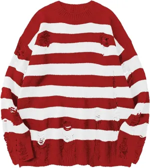 Womens Cozy Knit Jumper Sweater Long Sleeve Crew Neck Color Block Ripped Pullover Sweaters Crop Tops Goth Y2K Sweaters