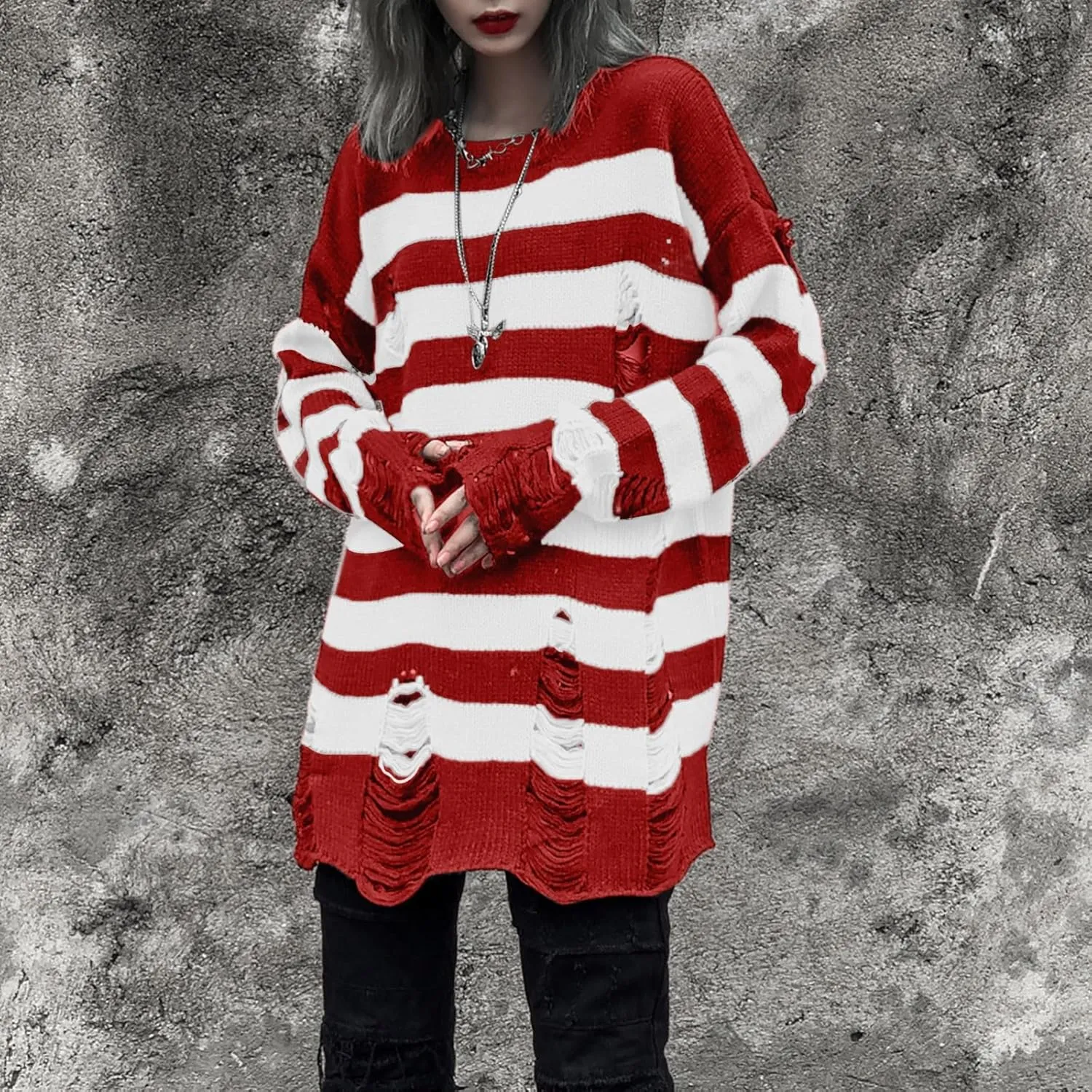 Womens Cozy Knit Jumper Sweater Long Sleeve Crew Neck Color Block Ripped Pullover Sweaters Crop Tops Goth Y2K Sweaters