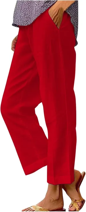 Womens Cropped Linen Pants Summer Elastic Waist Straight Leg Oversized Crop Pants Casual Trousers with Pockets