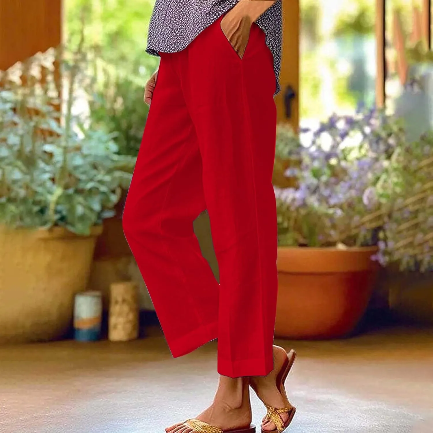Womens Cropped Linen Pants Summer Elastic Waist Straight Leg Oversized Crop Pants Casual Trousers with Pockets