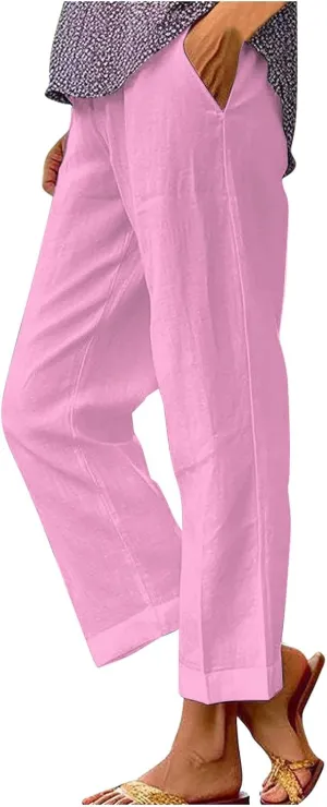 Womens Cropped Linen Pants Summer Elastic Waist Straight Leg Plus Size Crop Pants Casual Beach Trousers with Pockets