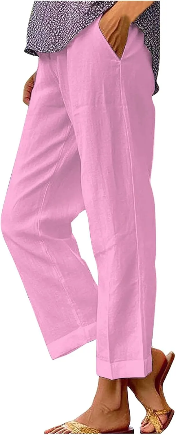 Womens Cropped Linen Pants Summer Elastic Waist Straight Leg Plus Size Crop Pants Casual Beach Trousers with Pockets