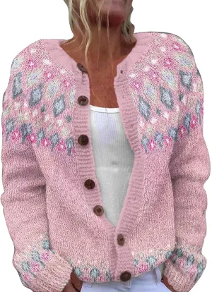 Womens Fair Isle Cardigan Sweater 2024 Vintage Graphic Chunky Knit Button Down Sweaters Fall Winter Oversized Jumpers