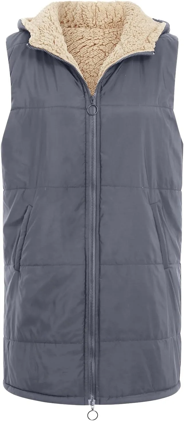 Womens Fall Reversible Puffer Vests Sleeveless Fleece Jacket Zip Up Hoodie Pockets Long Warm 2024 Winter Coat Outerwear