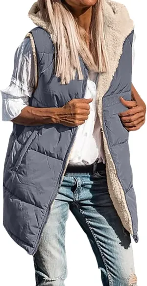 Womens Fall Reversible Puffer Vests Sleeveless Fleece Jacket Zip Up Hoodie Pockets Long Warm 2024 Winter Coat Outerwear
