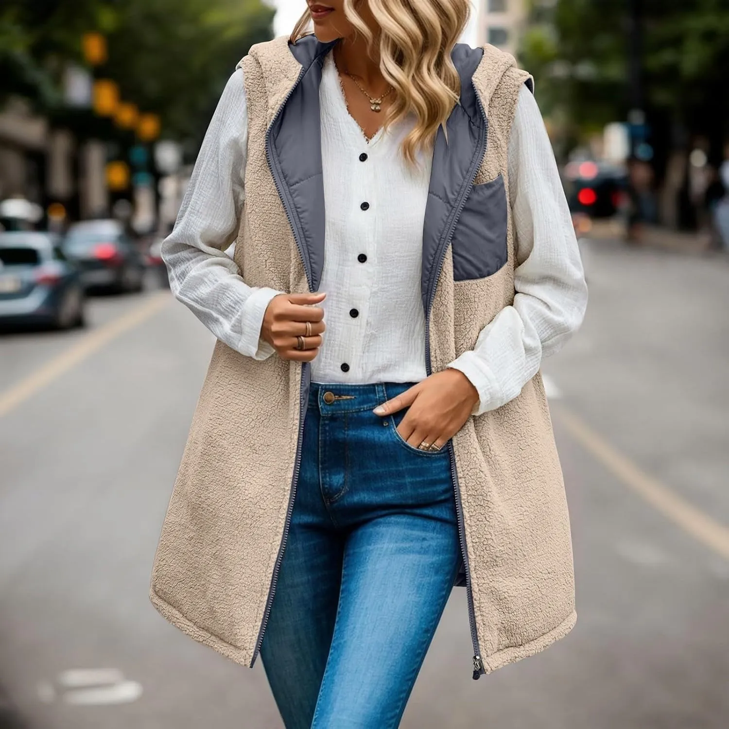 Womens Fall Reversible Puffer Vests Sleeveless Fleece Jacket Zip Up Hoodie Pockets Long Warm 2024 Winter Coat Outerwear