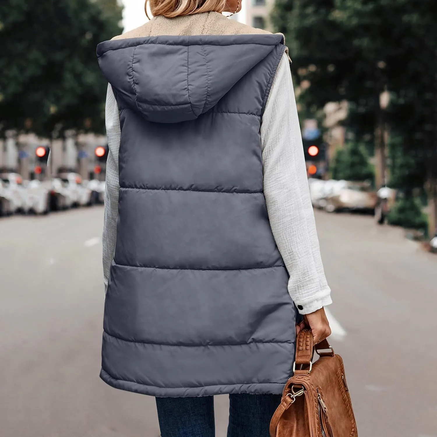 Womens Fall Reversible Puffer Vests Sleeveless Fleece Jacket Zip Up Hoodie Pockets Long Warm 2024 Winter Coat Outerwear