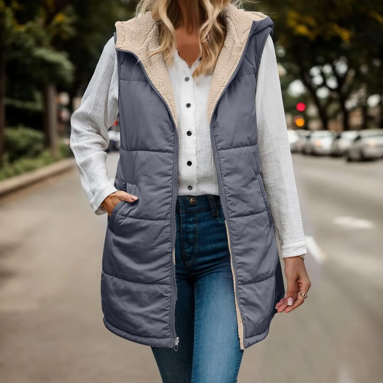 Womens Fall Reversible Puffer Vests Sleeveless Fleece Jacket Zip Up Hoodie Pockets Long Warm 2024 Winter Coat Outerwear