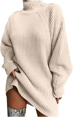 Womens Fall Turtleneck Sweater Sweater Mid Length Dress with Shoulder Sleeves and Half Turtleneck Sweater Tunic