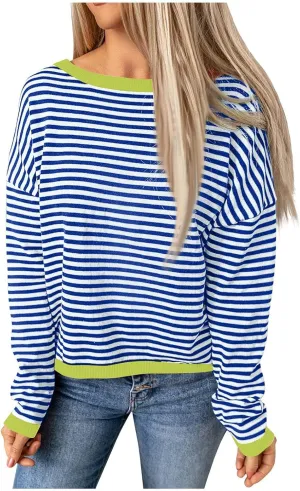 Women's Fall Winter Casual Trendy Long Sleeve Crew Neck Striped Cable Knit Pullover Sweater Plus Size, S-3XL