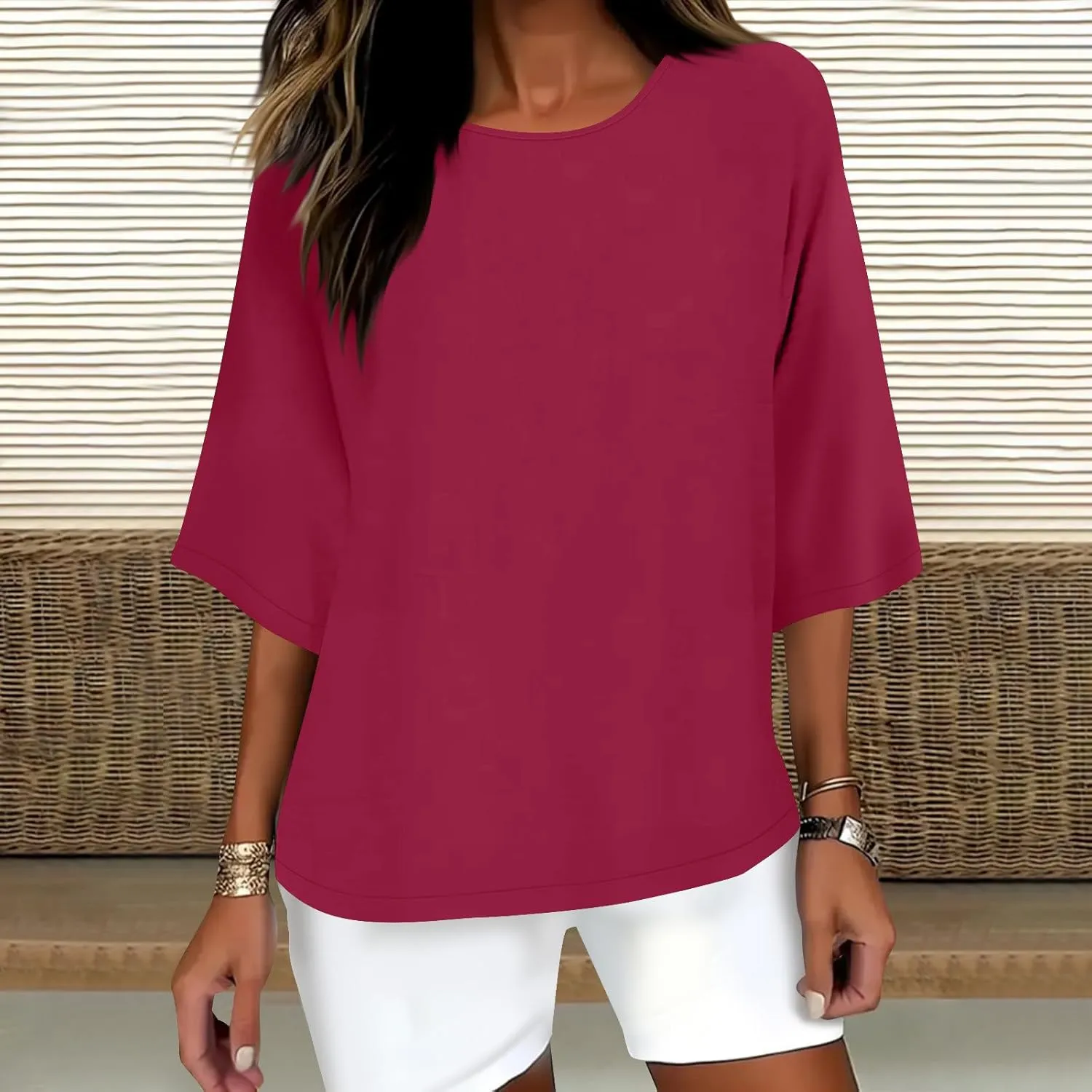 Womens Fashion Cotton Linen T-Shirt Crewneck 3/4 Sleeves Tops Solid Color Loose Basic Tees Summer Casual Blouses