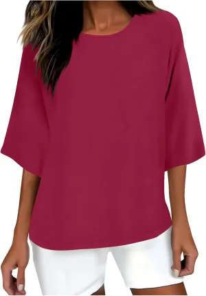 Womens Fashion Cotton Linen T-Shirt Crewneck 3/4 Sleeves Tops Solid Color Loose Basic Tees Summer Casual Blouses