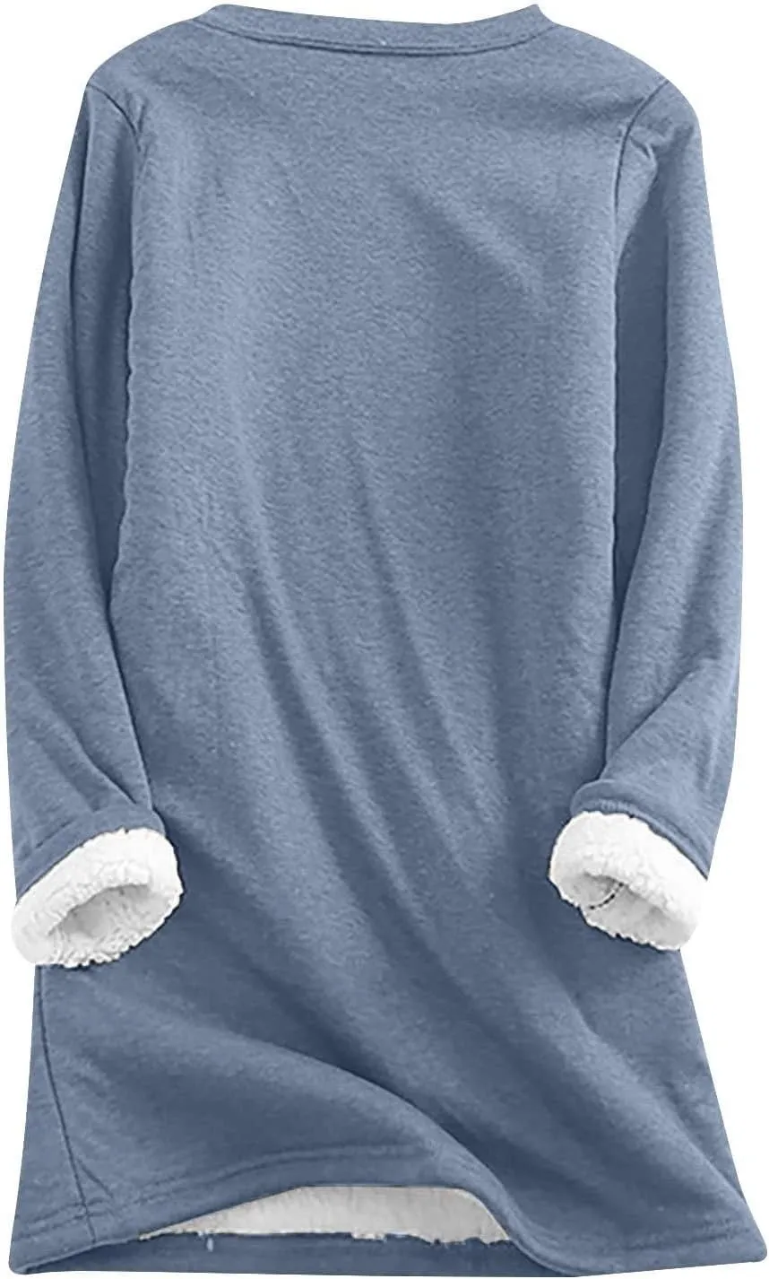 Womens Fleece Crewneck Sweatshirts Thermal Fleece Tops Round Neck Long Sleeve Pullover