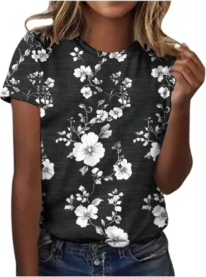 Women's Floral Print Crewneck Tshirt Vintage Dressy Casual Short Sleeve Shirts Lightweight Loose Fit Tunic Tops