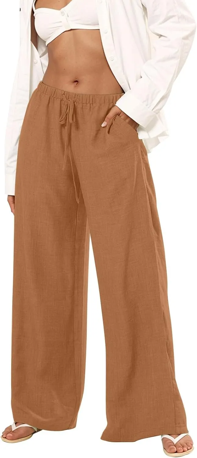 Women's Flowy Wide Leg Linen Pants Casual Beach Pants Elastic Waisted Drawstring Palazzo Trousers with Pockets