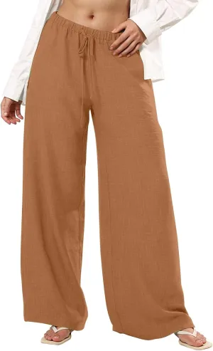 Women's Flowy Wide Leg Linen Pants Casual Beach Pants Elastic Waisted Drawstring Palazzo Trousers with Pockets