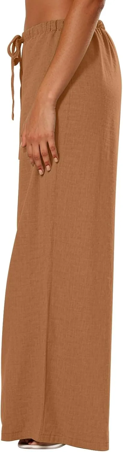 Women's Flowy Wide Leg Linen Pants Casual Beach Pants Elastic Waisted Drawstring Palazzo Trousers with Pockets
