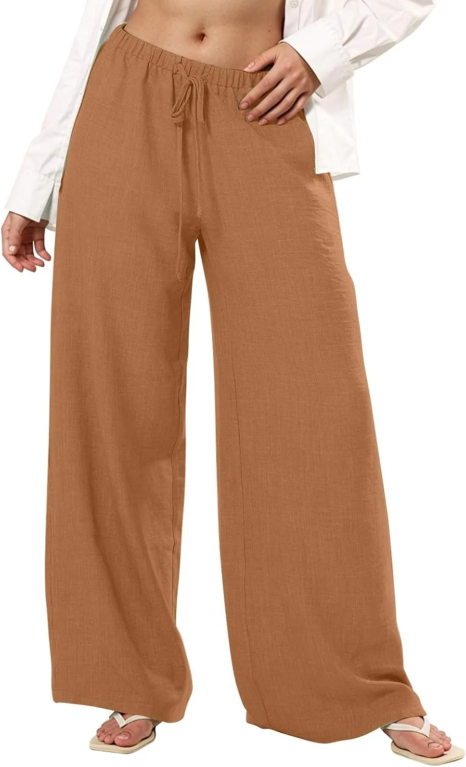 Women's Flowy Wide Leg Linen Pants Casual Beach Pants Elastic Waisted Drawstring Palazzo Trousers with Pockets