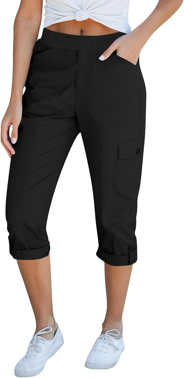 Womens Hiking Cargo Pants Loose Fit Elastic Waisted Pull On Capris Pants Baggy Trousers with Pockets