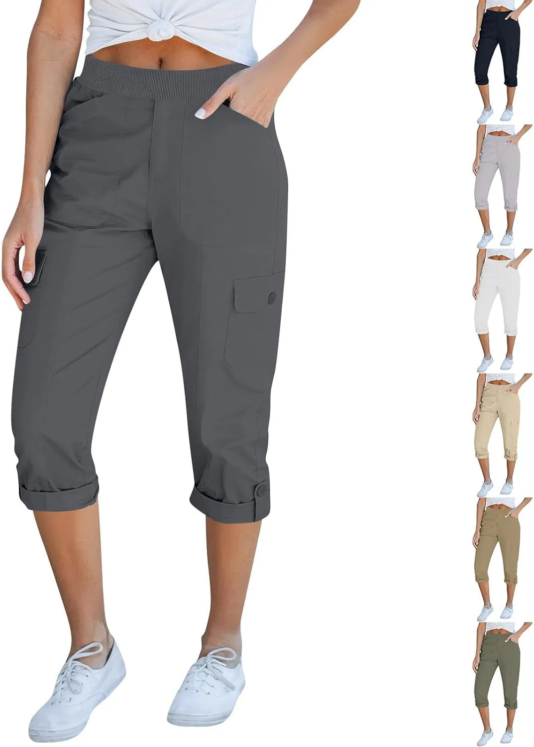 Womens Hiking Cargo Pants Loose Fit Elastic Waisted Pull On Capris Pants Baggy Trousers with Pockets