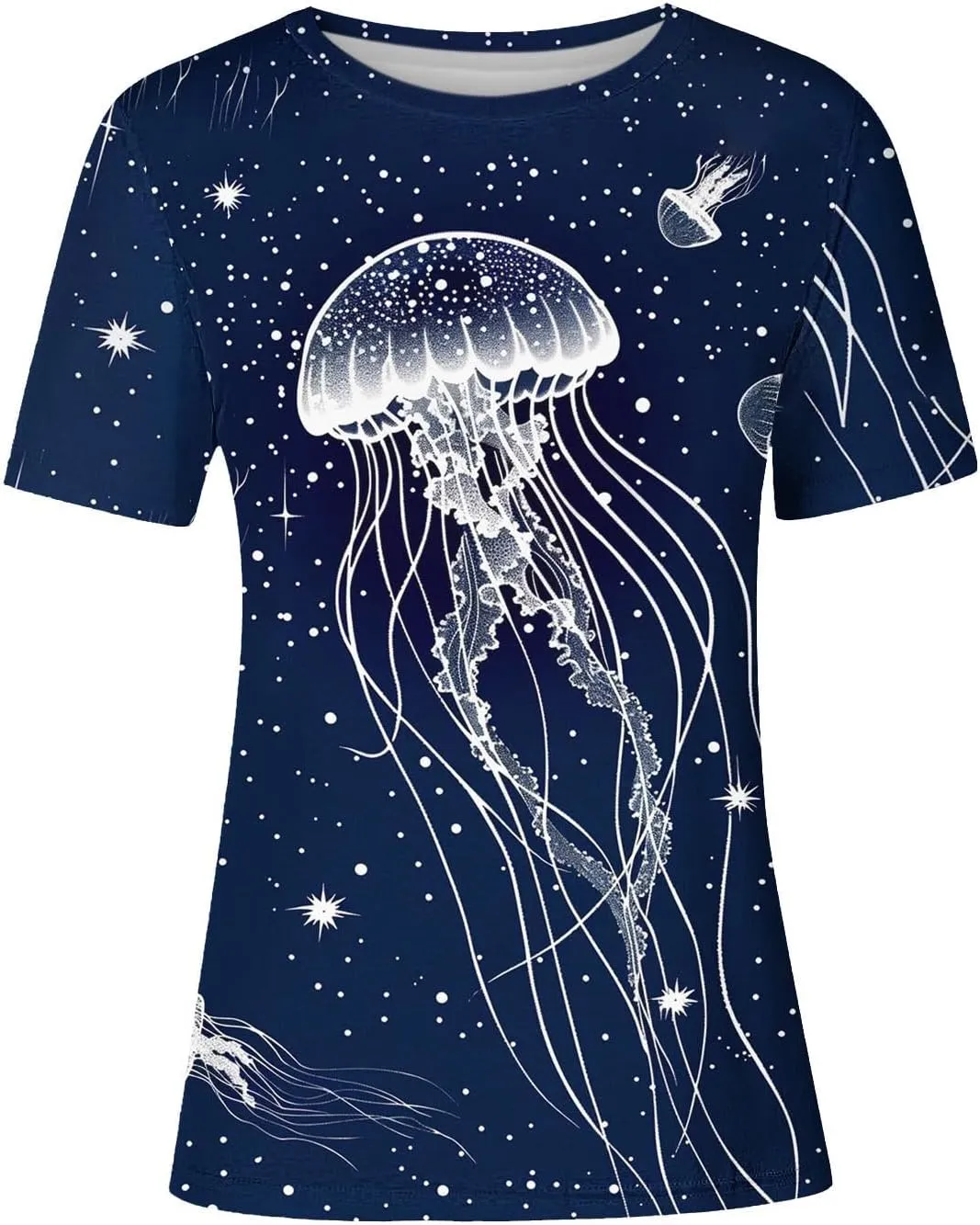 Women's Jellyfish Print Cute Summer T Shirts Short Sleeve Basic Casual Crewneck Tops Loose Fit Blouse Workout Clothes