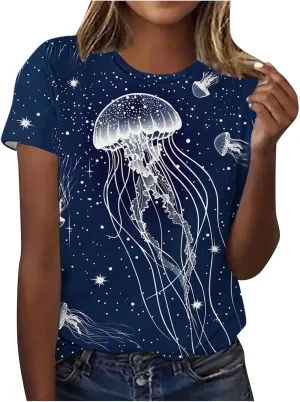Women's Jellyfish Print Cute Summer T Shirts Short Sleeve Basic Casual Crewneck Tops Loose Fit Blouse Workout Clothes