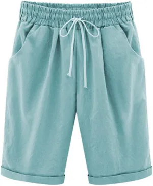 Womens Linen Bermuda Shorts Solid Drawsting Elastic Waisted Pants Casual Summer Holiday Beach Shorts