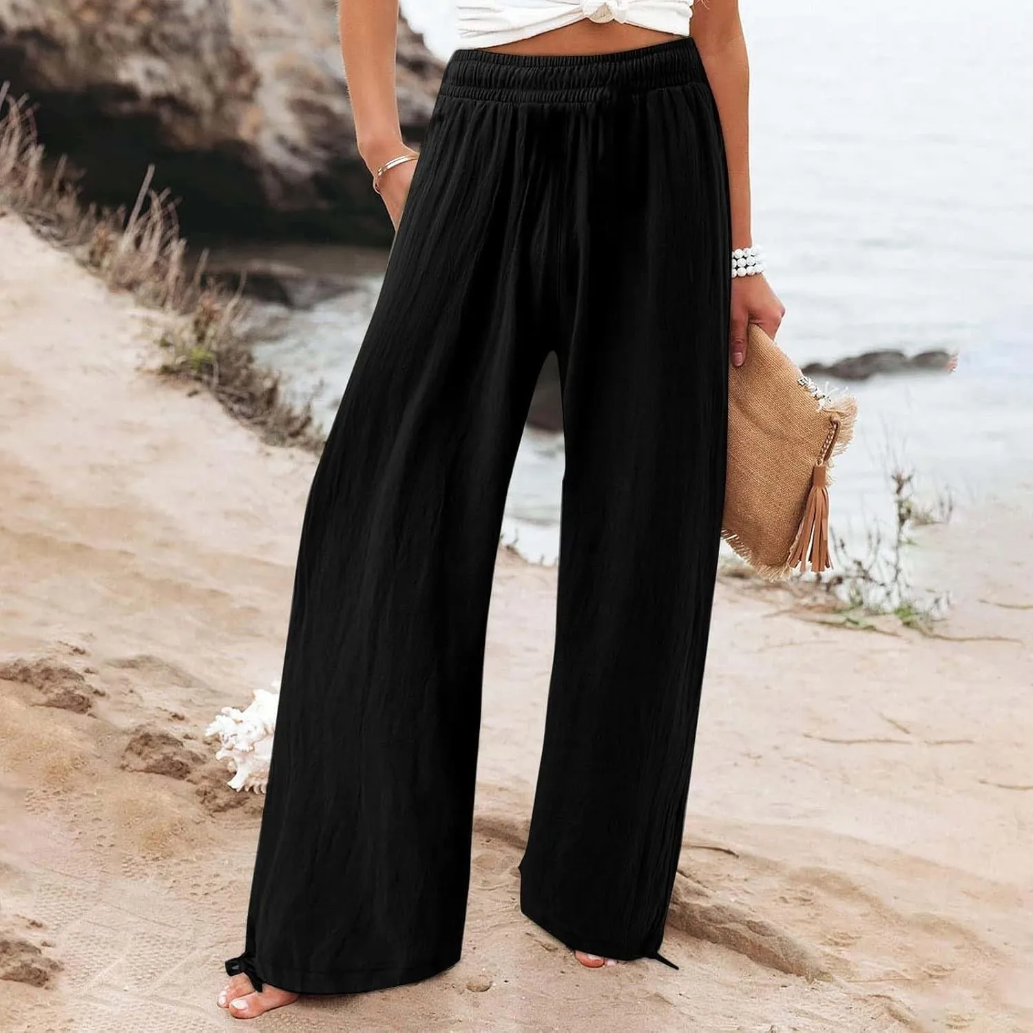 Womens Linen Pant 2025 Summer Casual Wide Leg Palazzo Pant Loose Smocked High Waist Work Slack Flowy Beach Trousers