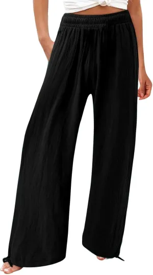 Womens Linen Pant 2025 Summer Casual Wide Leg Palazzo Pant Loose Smocked High Waist Work Slack Flowy Beach Trousers