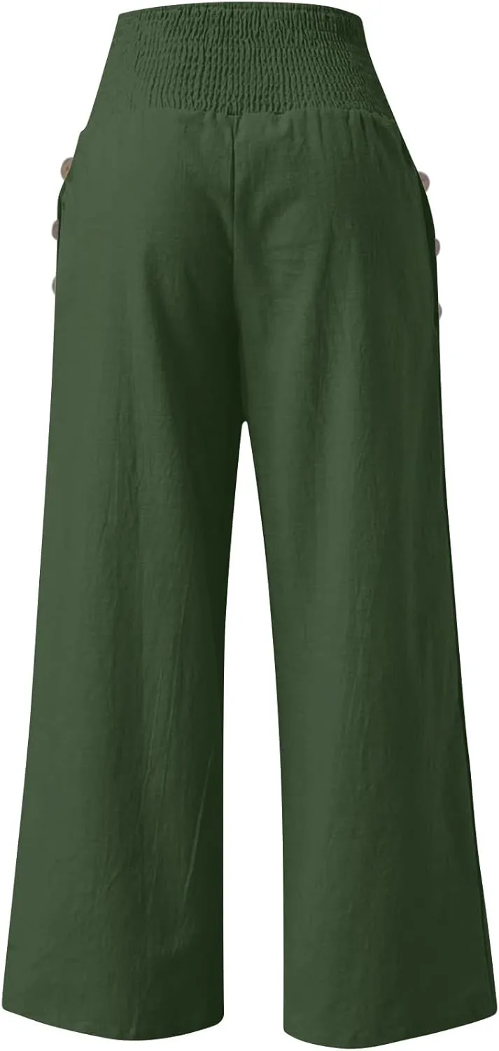 Womens Linen Pants 2025 Summer Casual Wide Leg Palazzo Pants Loose Smocked High Waist Work Slack Flowy Beach Trousers