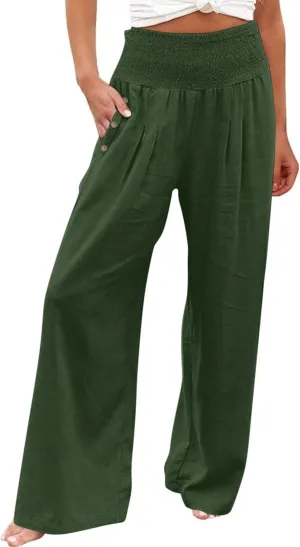 Womens Linen Pants 2025 Summer Casual Wide Leg Palazzo Pants Loose Smocked High Waist Work Slack Flowy Beach Trousers