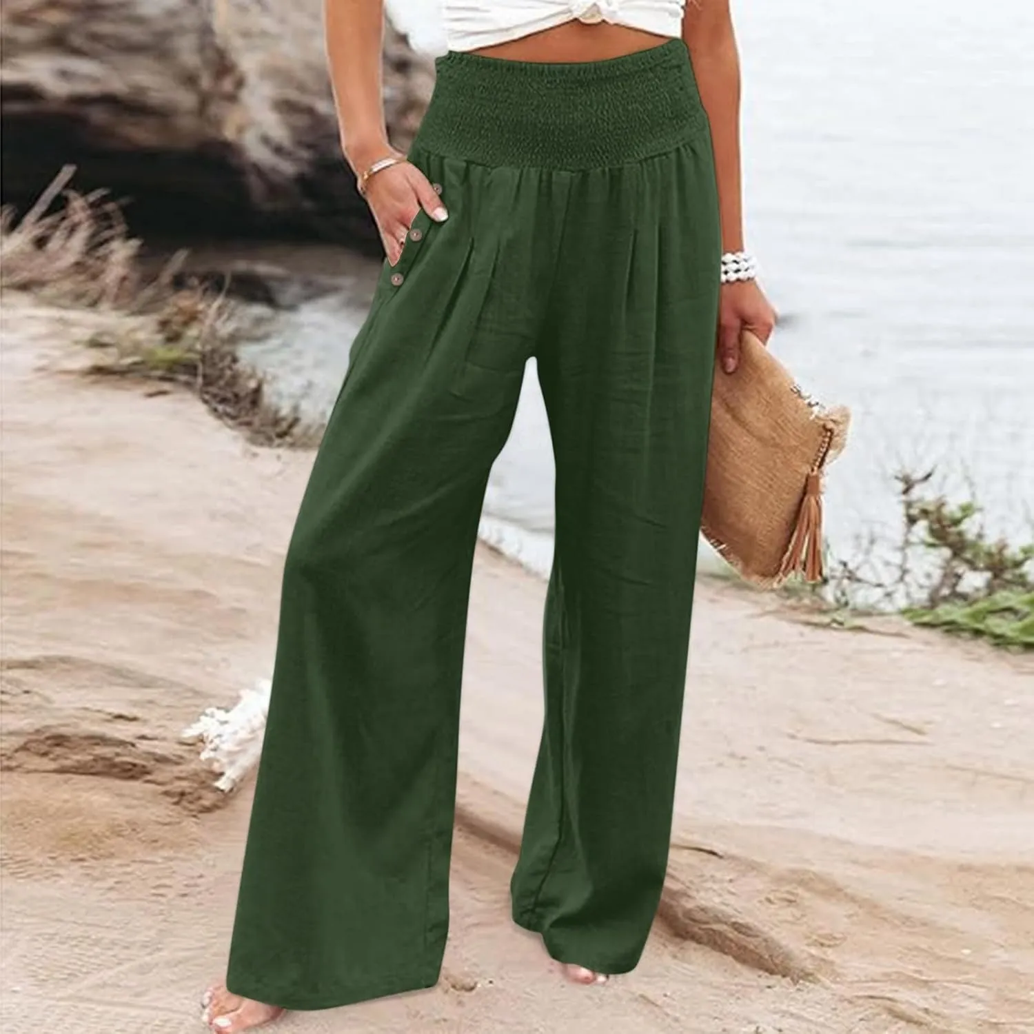 Womens Linen Pants 2025 Summer Casual Wide Leg Palazzo Pants Loose Smocked High Waist Work Slack Flowy Beach Trousers