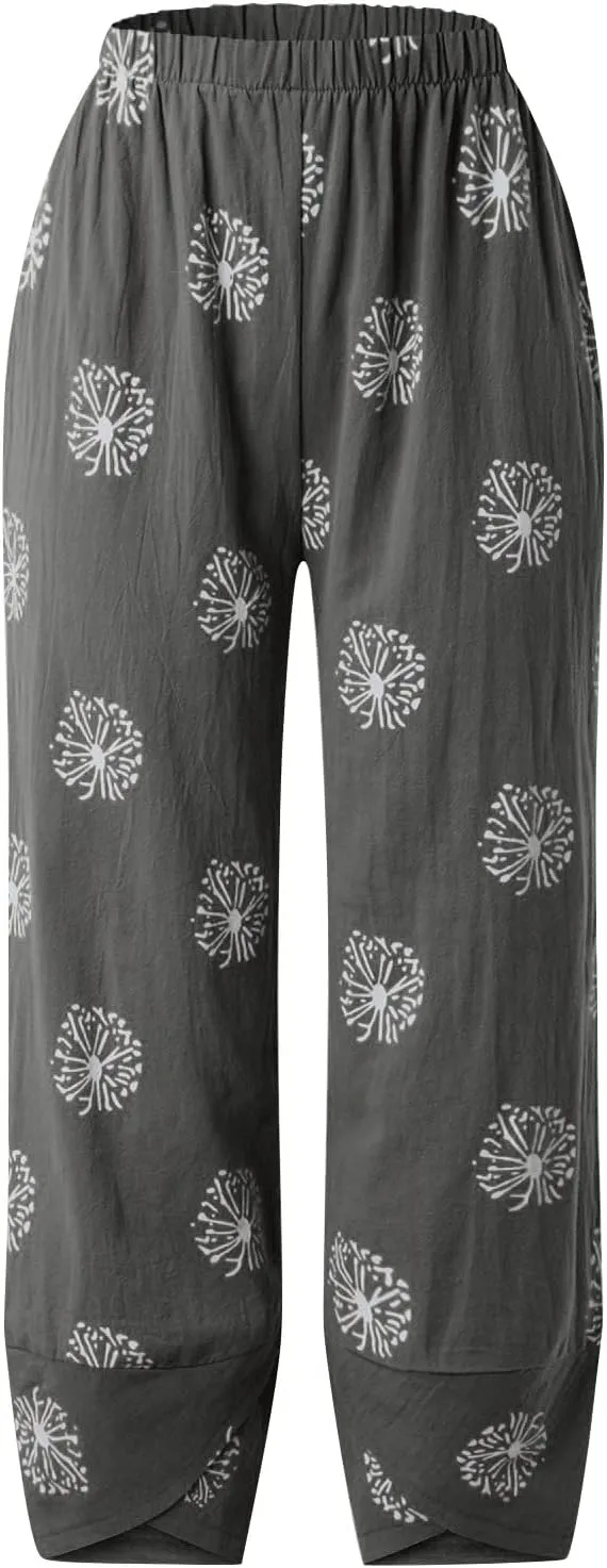 Womens Linen Pants Casual Dandelion Print Elastic Waist Sweatpants Capris Boho Wide Leg Palazzo Cropped Trousers with Pockets