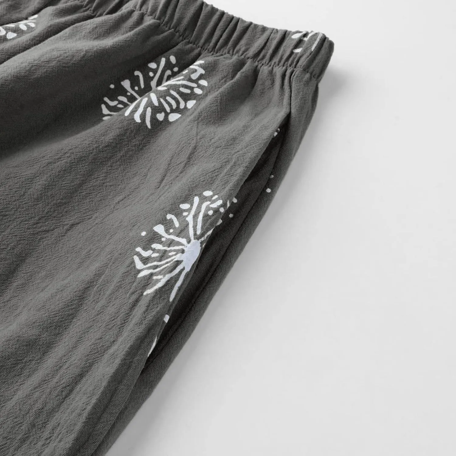 Womens Linen Pants Casual Dandelion Print Elastic Waist Sweatpants Capris Boho Wide Leg Palazzo Cropped Trousers with Pockets