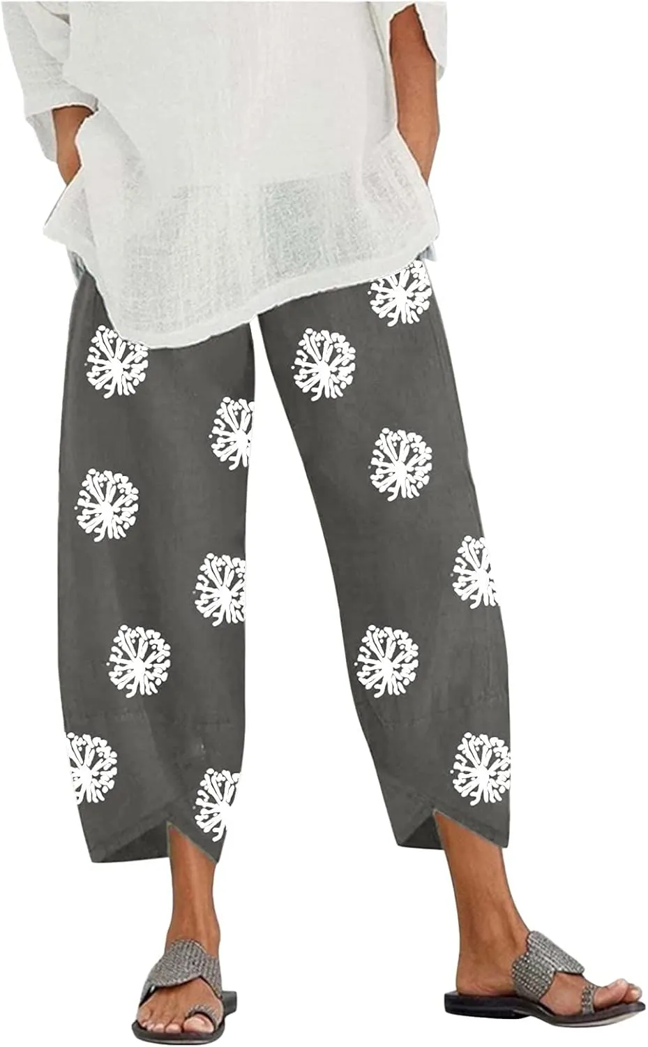 Womens Linen Pants Casual Dandelion Print Elastic Waist Sweatpants Capris Boho Wide Leg Palazzo Cropped Trousers with Pockets