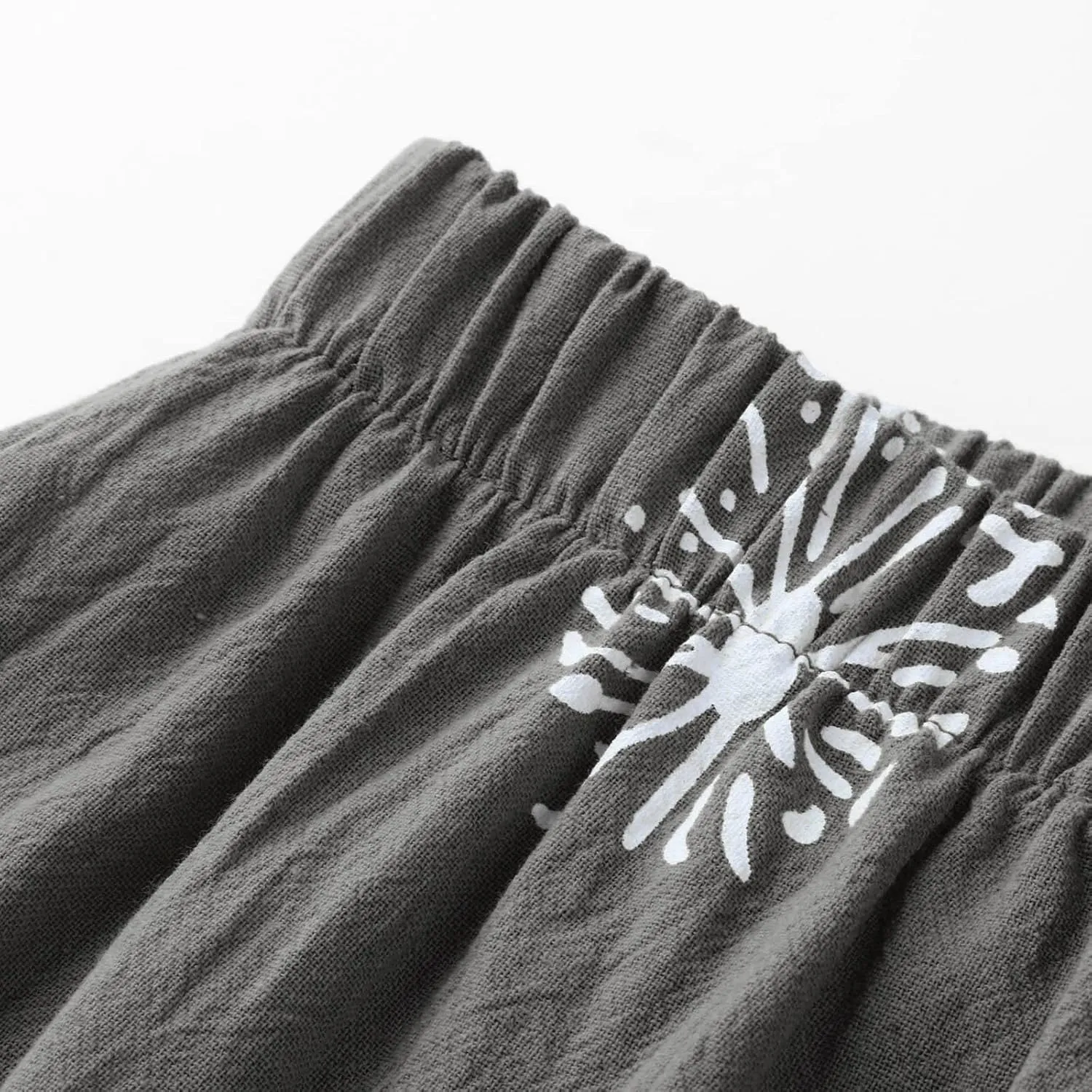 Womens Linen Pants Casual Dandelion Print Elastic Waist Sweatpants Capris Boho Wide Leg Palazzo Cropped Trousers with Pockets