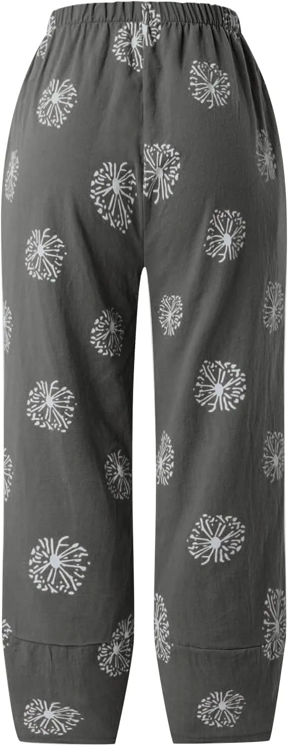Womens Linen Pants Casual Dandelion Print Elastic Waist Sweatpants Capris Boho Wide Leg Palazzo Cropped Trousers with Pockets