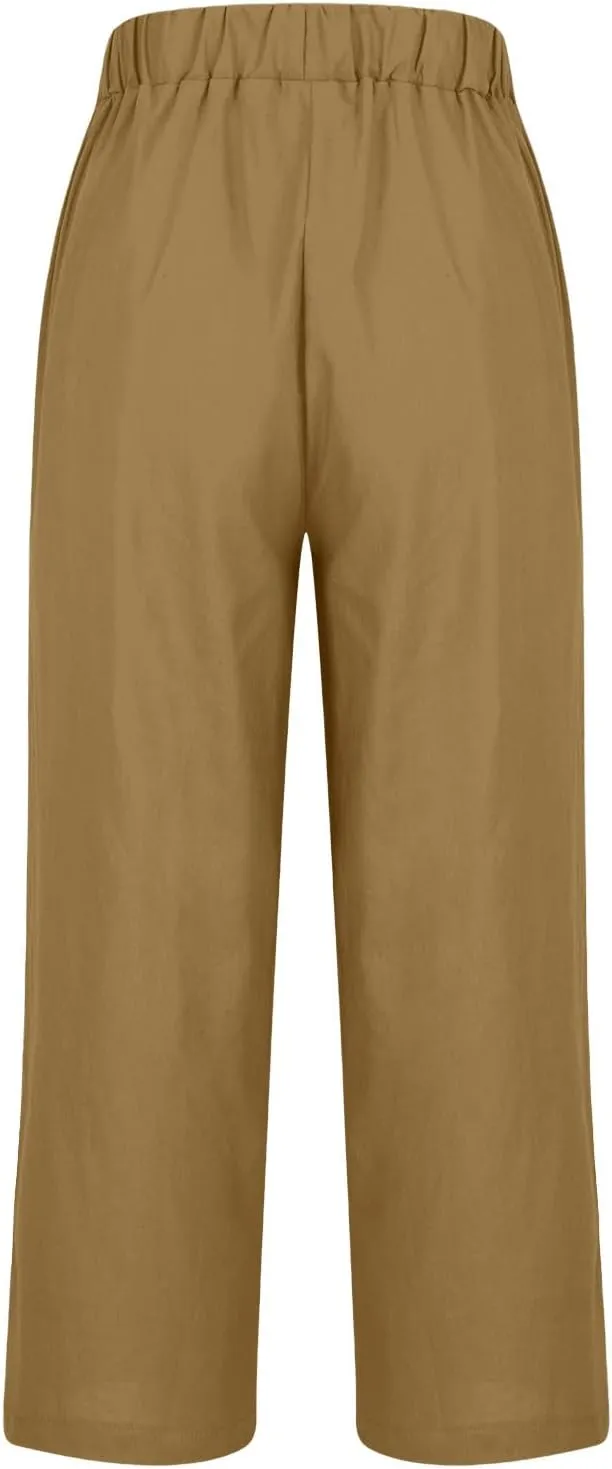 Womens Linen Pants Casual Lightweight Elastic Waist Pants Summer Wide Leg Work Pant Loose Beach Trousers with Pockets