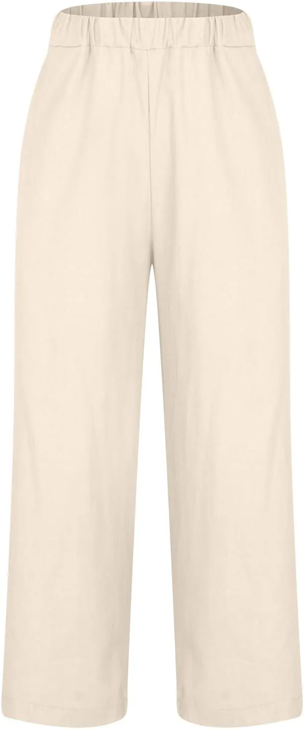 Womens Linen Pants Casual Lightweight Elastic Waist Pants Summer Wide Leg Work Pant Loose Beach Trousers with Pockets