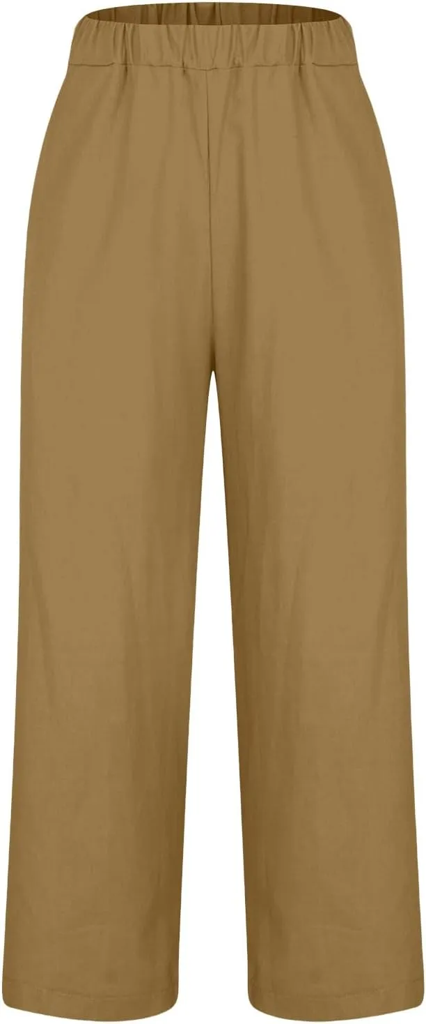 Womens Linen Pants Casual Lightweight Elastic Waist Pants Summer Wide Leg Work Pant Loose Beach Trousers with Pockets