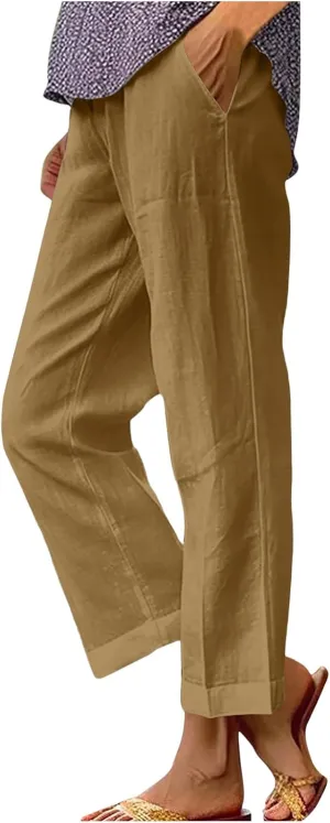 Womens Linen Pants Casual Lightweight Elastic Waist Pants Summer Wide Leg Work Pant Loose Beach Trousers with Pockets