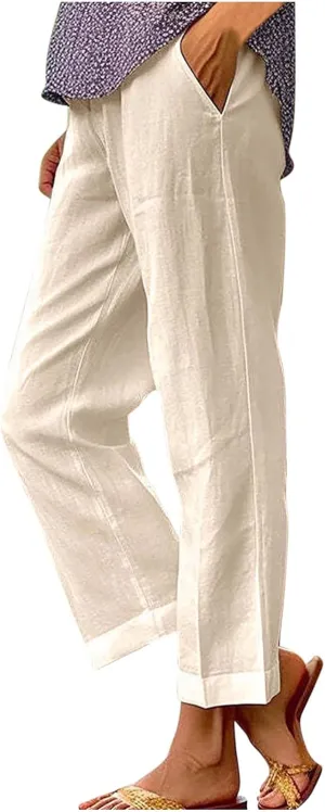 Womens Linen Pants Casual Lightweight Elastic Waist Pants Summer Wide Leg Work Pant Loose Beach Trousers with Pockets