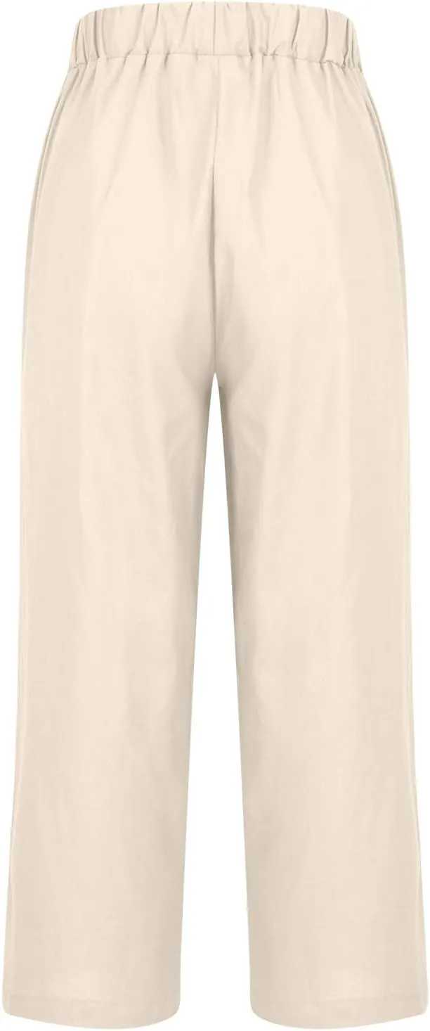 Womens Linen Pants Casual Lightweight Elastic Waist Pants Summer Wide Leg Work Pant Loose Beach Trousers with Pockets