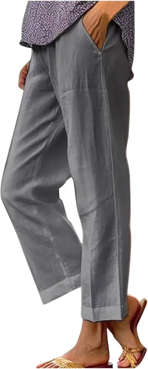 Womens Linen Pants Casual Lightweight Elastic Waist Pants Summer Wide Leg Work Pant Loose Beach Trousers with Pockets