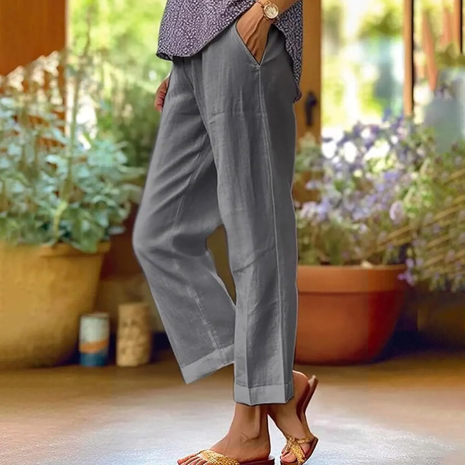 Womens Linen Pants Casual Lightweight Elastic Waist Pants Summer Wide Leg Work Pant Loose Beach Trousers with Pockets