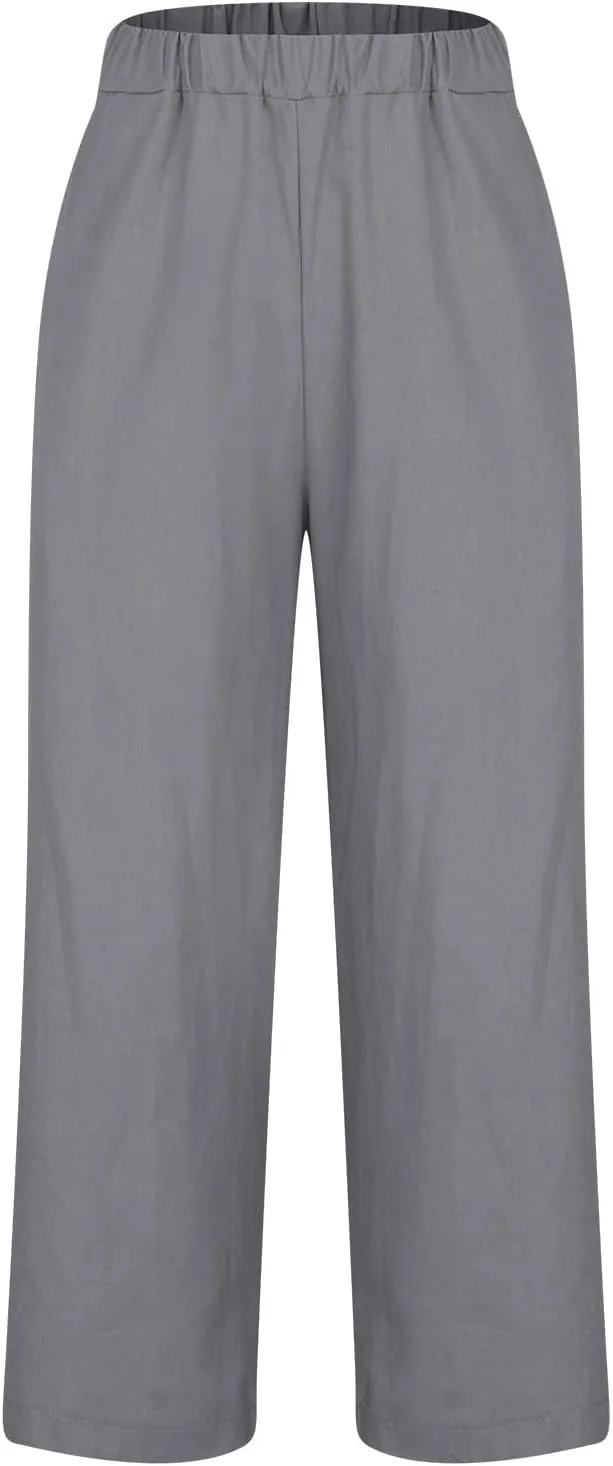 Womens Linen Pants Casual Lightweight Elastic Waist Pants Summer Wide Leg Work Pant Loose Beach Trousers with Pockets