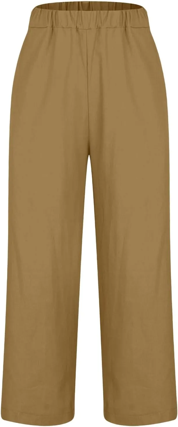 Womens Linen Pants Casual Lightweight Elastic Waist Pants Summer Wide Leg Work Pant Loose Beach Trousers with Pockets