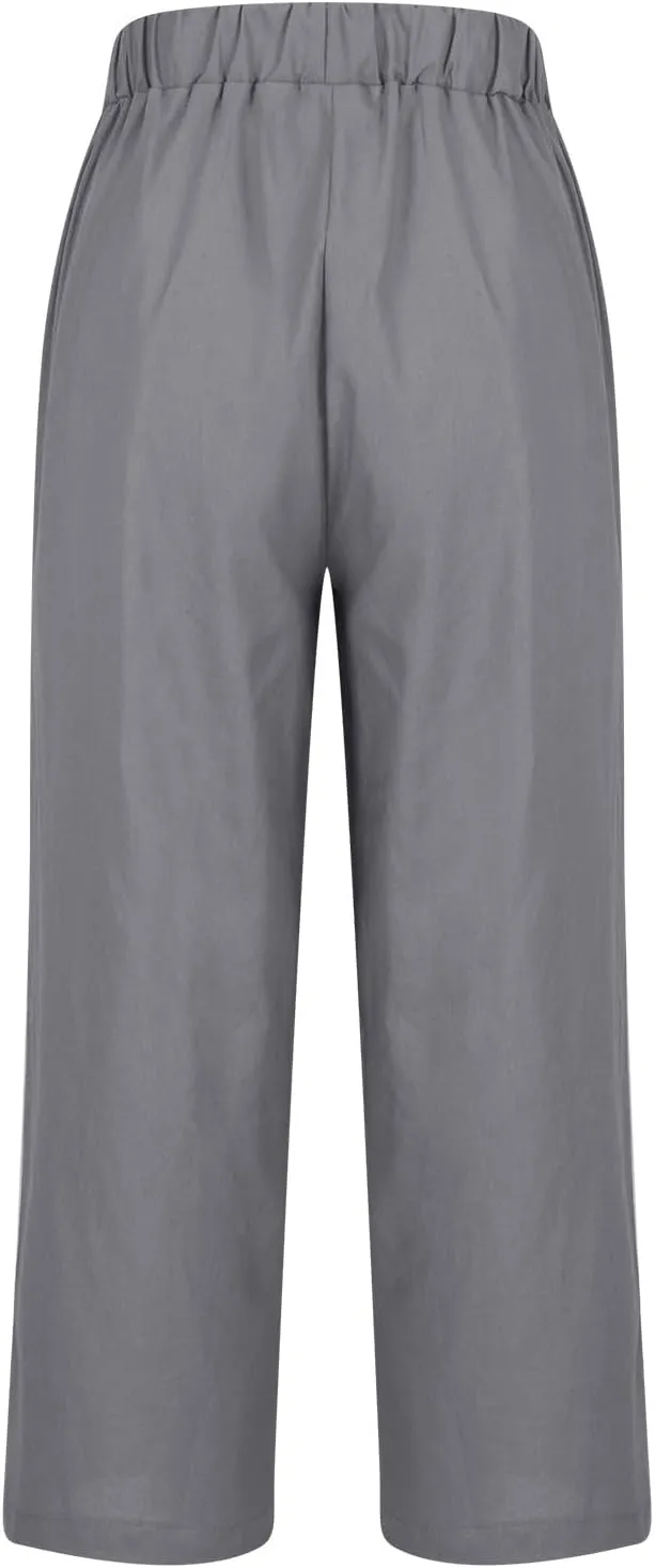 Womens Linen Pants Casual Lightweight Elastic Waist Pants Summer Wide Leg Work Pant Loose Beach Trousers with Pockets